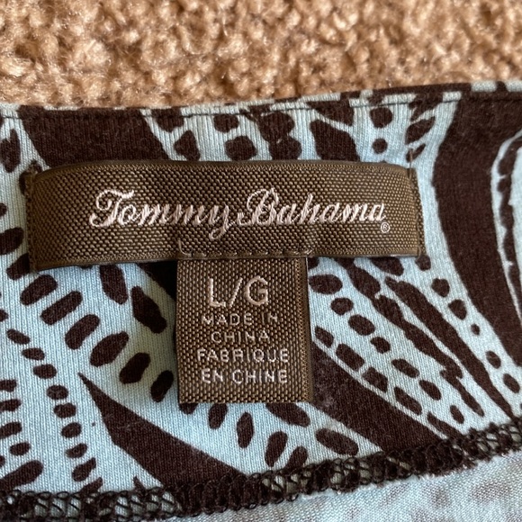 Tommy Bahama Brown and Blue Sheath Dress with V-Neck. Ruched at side. Size L. - Picture 13 of 14